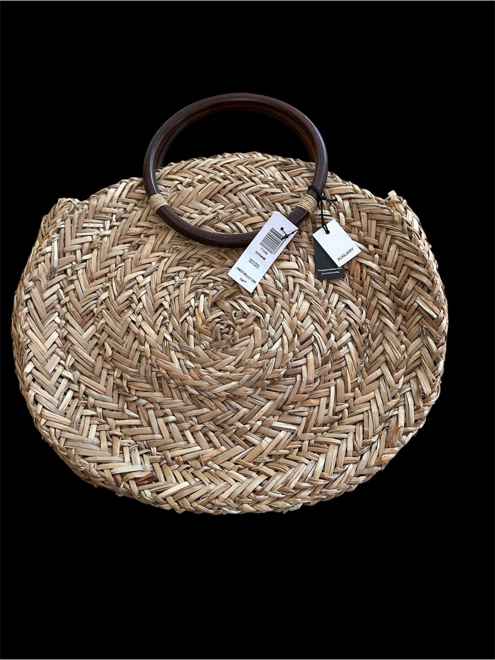 Woven Round Straw Tote with Brown Handles